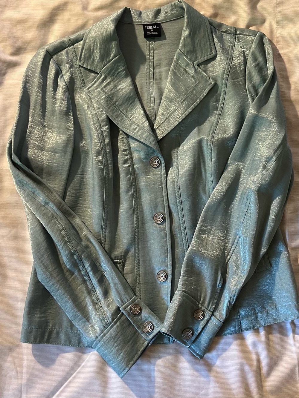 Metallic Sage Green Women's Blazer Jacket Tribal Brand - Fairycore Whimsical